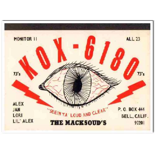 kox-6180 alex macksoud bell calif 1960s cb qsl card vintage postcard