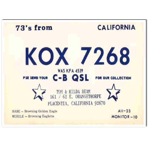 kox-7268 tom beam placentia calif 1960s cb qsl card vintage postcard2