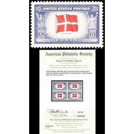 920a, MNH 5¢ Denmark Reverse Printing of Flag Colors With APS Cert - Stuart Katz