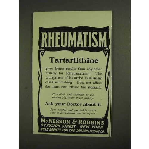 1903 McKesson & Robbins Tartarlithine Ad - Rheumatism