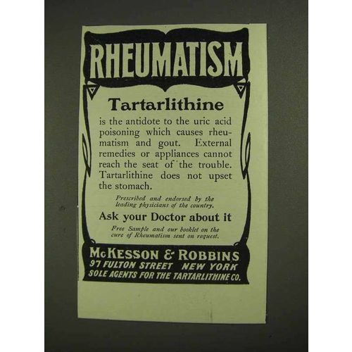 1903 McKesson & Robbins Tartarlithine Ad - antidote to uric acid
