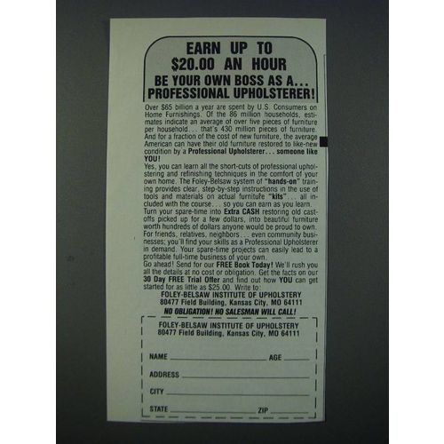 1986 Foley-Belsaw Institute of Upholstery Ad - Earn up to $20.00 an hour