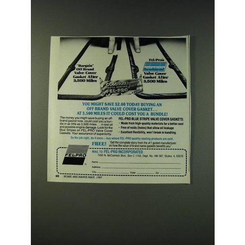 1987 Fel-Pro Blue Stripe Valve Cover Gasket Ad - Bargain oil brand valve cover