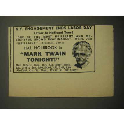 1959 Mark Twain Tonight Advertisement - N.Y. Engagement ends labor day