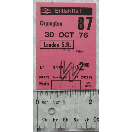 1976 ticket British Rail 2nd Orpington 87 to London SR
