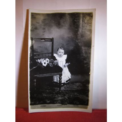 UNKNOWN TODDLER with chair and flowers antique glossy photograph postcard /