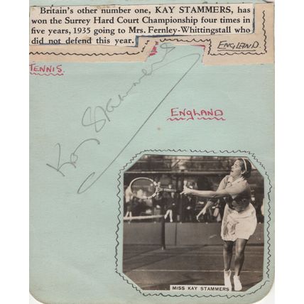 Kay Stammers Wimbledon Tennis Ladies 1935 Hand Signed Autograph