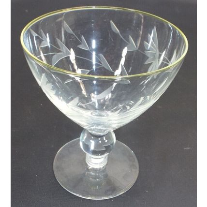 Vintage Art Etched Cocktail Wine Gold Trim Crystal Glass Barware Set of 5