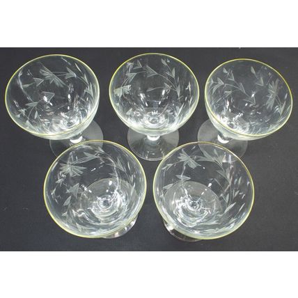 Vintage Art Etched Cocktail Wine Gold Trim Crystal Glass Barware Set of 5