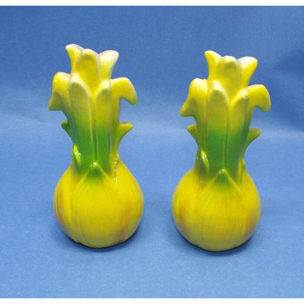 Vintage Ceramic Yellow and Green Onion Salt and Pepper Shakers Made Japan 1950's