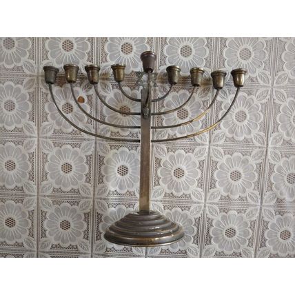 Vintage Early 20C Wide Judaica Silver-Plated Chanukah Menorah Marked 100, W 30cm