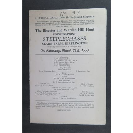 1953 BICESTER & WARDEN HILL HUNT POINT TO POINT RACECARD @ SLADE FARM KIRTLINGTO