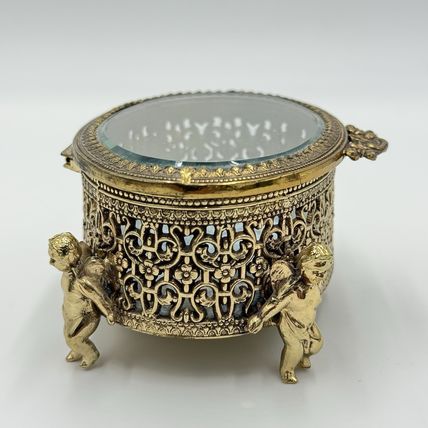 Vintage Gold Filigree Oval Ormolu casket Hollywood Regency style Cherubs Footed