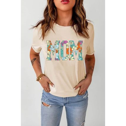 Khaki MOM Floral Letter Print T Shirt