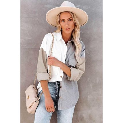 White Color Block Button Shirt with Pocket