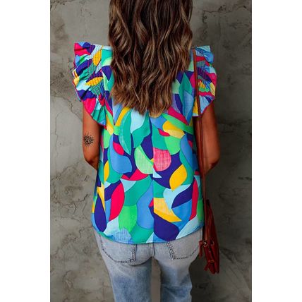 Multicolor Abstract Print Stitching Ruffle Sleeve Blouse