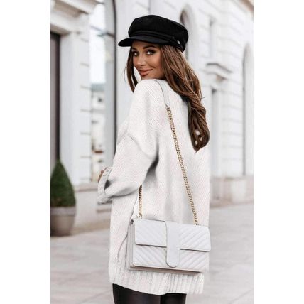White V neck Drop Shoulder Knitted Sweater