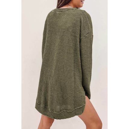 Green Waffle Knit High Slits Oversized Top