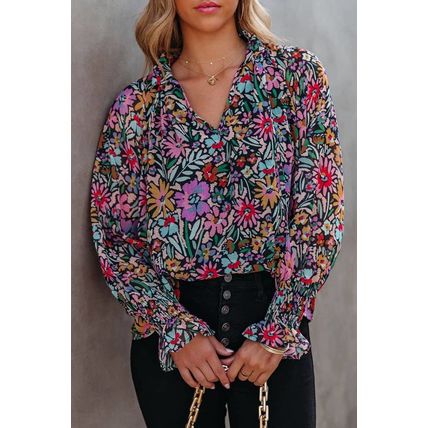 Multicolor Floral Print Ruffled Long Sleeve V-Neck Blouse