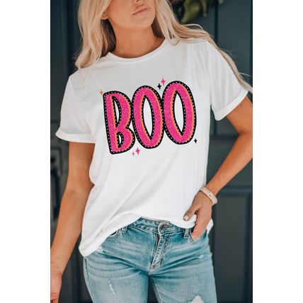 White BOO Crew Neck Graphic T Shirt