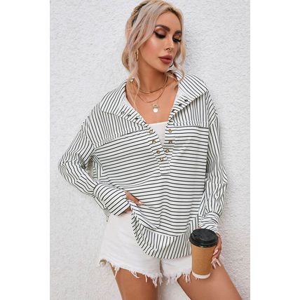 White Striped Thumbhole Drop Shoulder V Neck Top
