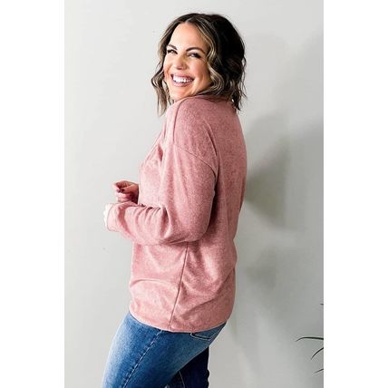 Pink Plus Size Long Sleeve V-Neck Buttoned Top