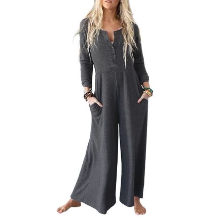 Gray Button Long Sleeve Wide Leg Jumpsuit