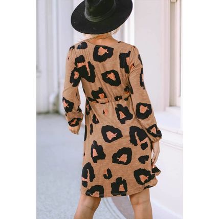 Leopard Print Button Front Bubble Sleeve Loose Knit Dress