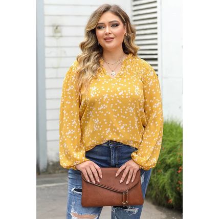 Yellow Plus Size Floral Print Ruched Split Neck Blouse