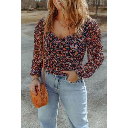Black Plus Size V Neck Bubble Sleeve Floral Blouse