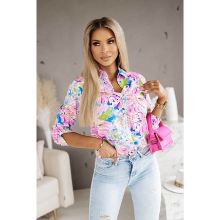 Pink Abstract Floral Print Buttoned Sheath Long Sleeve Shirt
