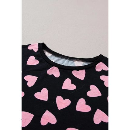 Black Valentine Heart Shape Print Long Sleeve Top Shorts Lounge Set