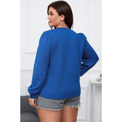 Dark Blue Cable Pattern Puff Sleeve Plus Size Top