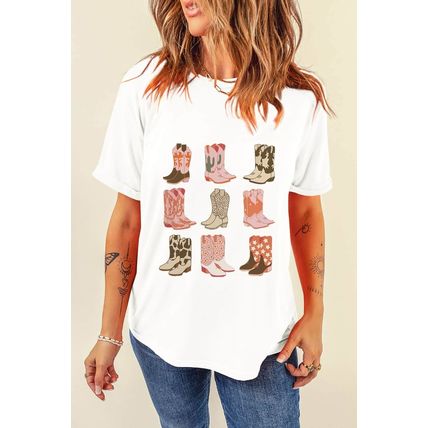 White Western Cowboy Boots Print Round Neck T Shirt