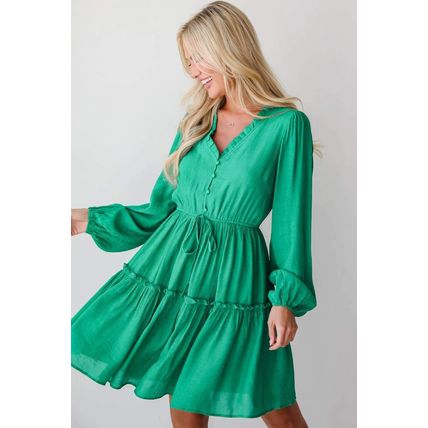 Sea Green Frilly V Neck Puff Sleeve Drawstring Shift Mini Dress