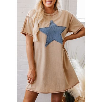 Pale Khaki Mineral Wash Stud Beaded Star Graphic Pocketed T Shirt Dress