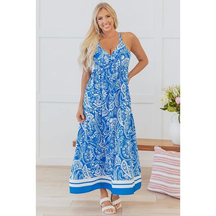 Blue Paisley V Neck Crisscross Backless Maxi Dress