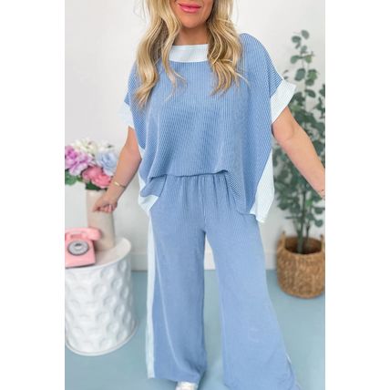 Sky Blue 2-tone Colorblock Patchwork Corded 2pcs Outfit