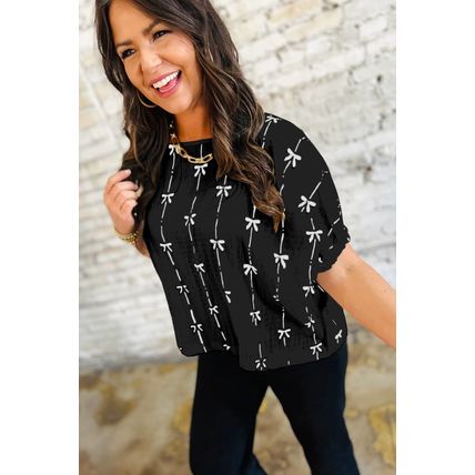 Black Bow Print Puff Short Sleeve Top