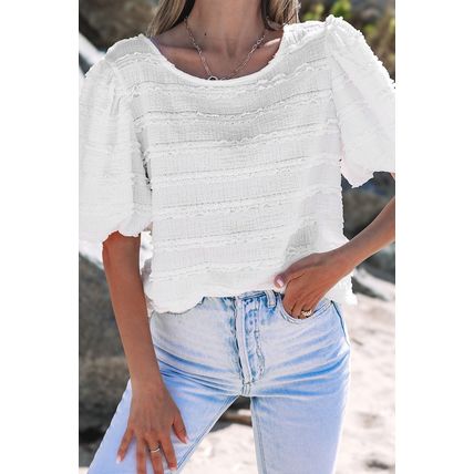White Frilled Lace Trim Bubble Sleeve Blouse