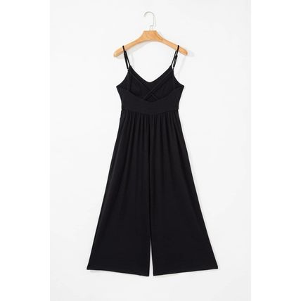Black Spaghetti Straps Open Back Pleated Wide Leg Jumpsuit