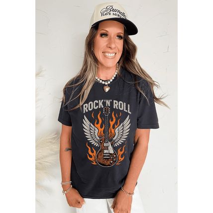 Black Guitar Wings Slogan Print Crew Neck T Shirt