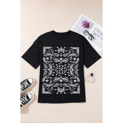 Black Paisley Print Crew Neck Loose Fit Tunic Tee