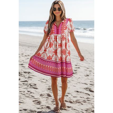 Rose Boho Floral Short Sleeve Lace-up V Neck Mini Dress