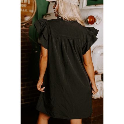 Black Frilled V Neck Pleated Ruffle Detail Short Shift Dress