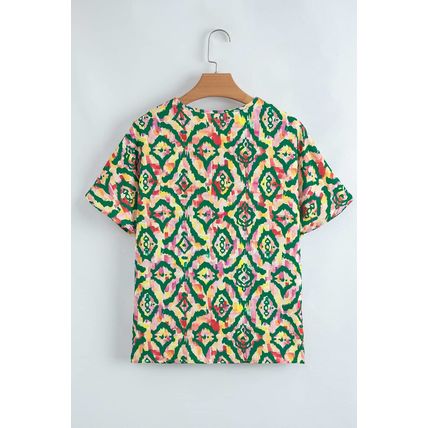 Green Abstract Print V Neck Short Sleeve Blouse