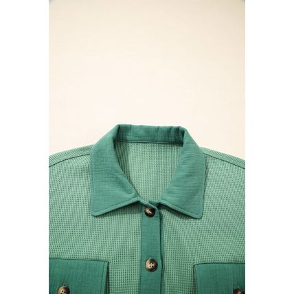 Grass Green Waffle Knit Vintage Patchwork Button Up Loose Shirt