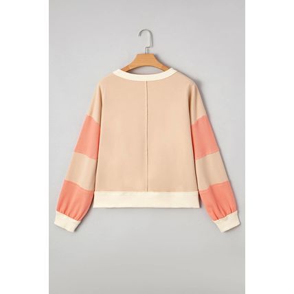 Light French Beige Color Block Textured Patchwork Pullover Sweatshirt