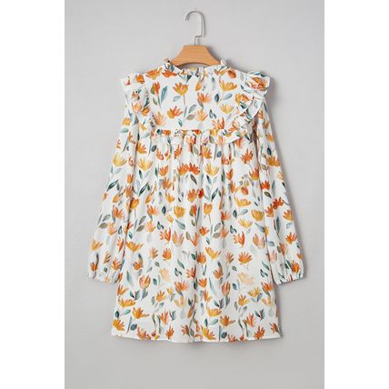 Yellow Floral Print Tie Neck Frilled Detail Long Sleeve Mini Dress