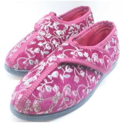 Ladies Slippers Burgundy Pink Floral Adjustable Fastening Disability Gift Size 6